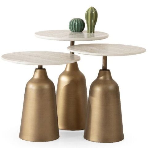 Beige Üçlü Traverten Görünümlü MDF Boyalı Metal Ayaklı Zigon Sehpa Seti