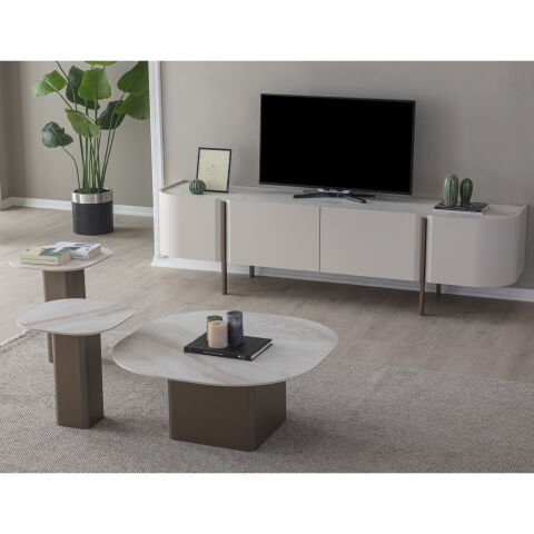 Milano Seramik Üst Tablalı Ahşap Ayaklı Orta Sehpa Ç90xY40cm