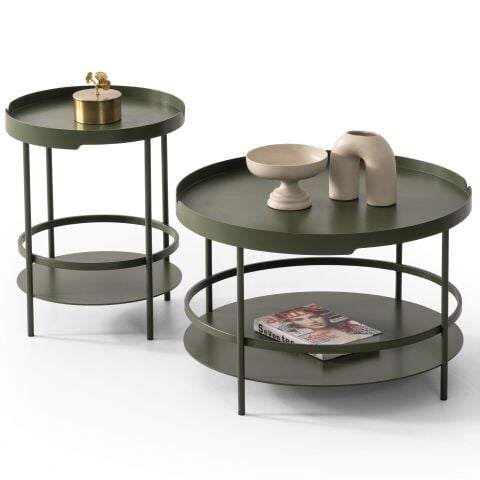 Valentina İkili Metal Haki Yeşil Orta + Yan Sehpa Seti 70x70cm