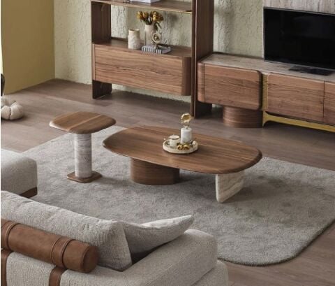 Alba İkili Dikdörtgen Kare Doğal Ceviz Kaplama Ahşap Orta + Yan Sehpa Seti 138/41cm