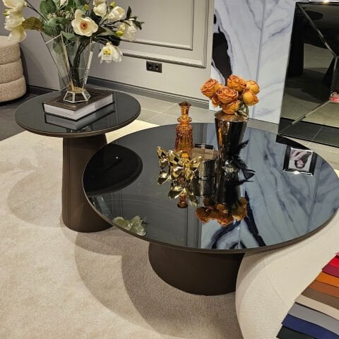 Milano İkili Deri Bronz Ayna Üst Tabla Orta + Yan Sehpa Seti Ç100xY43cm