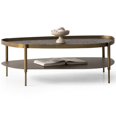 Hella Cam Üst Tablalı Eskitme Altın Orta Sehpa 123x89cm