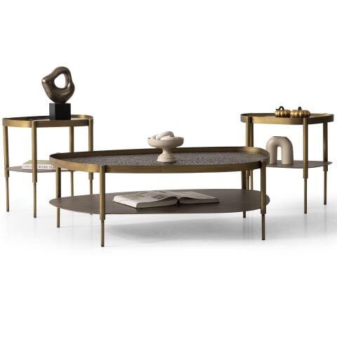 Hella Üçlü Mermer Üst Tablalı Eskitme Altın Metal Orta + Yan x 2 Adet Sehpa Seti 123x89cm