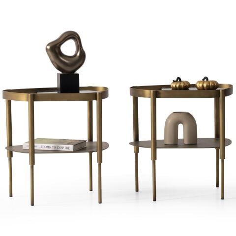 Hella İkili Mermer Üst Tablalı Eskitme Altın Yan Sehpa Seti 55x40cm