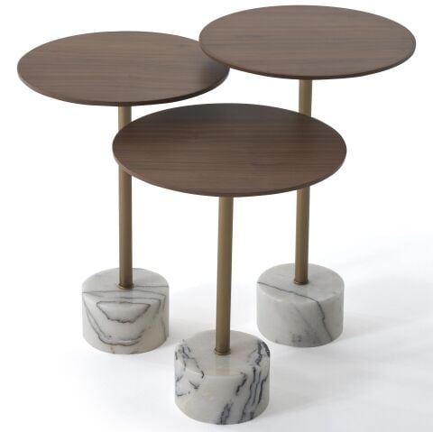 PS-103-L Doğal Ceviz Kaplamalı Üst Tabla Mermer Ayaklı Üçlü Zigon Sehpa Seti 39x39cm