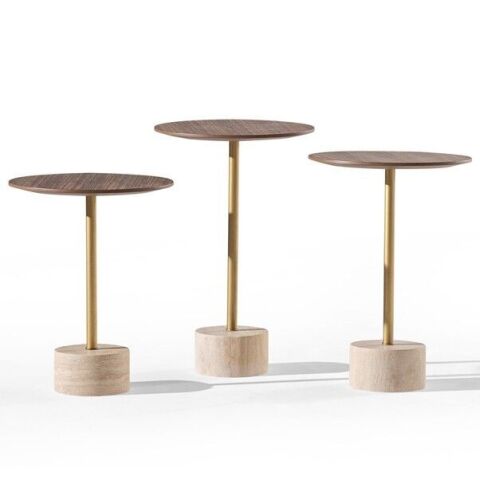 PS-103 Doğal Ceviz Kaplamalı Üst Tabla Traverten Ayaklı Üçlü Zigon Sehpa Seti 39x39cm