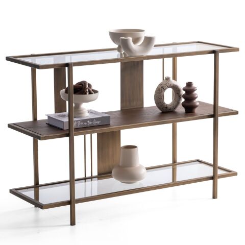 Macha Eskitme Altın Ahşap Cam Raflı Metal Antre Dresuar Konsol G120xY80cm