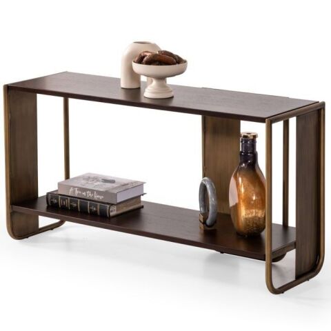 Sevilla Ahşap Kaplama Eskitme Altın Metal Antre Dresuar Konsol 110x60cm