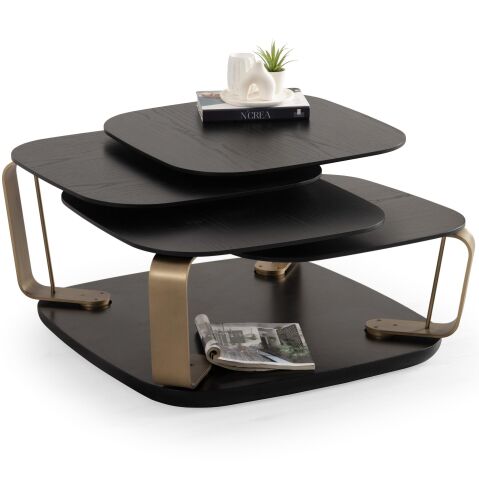 Bentley Vol2 Siyah Ahşap Kaplama Metal Döner Mekanizmalı Dört Tablalı Akıllı Orta Sehpa 91x91cm / 140x140cm