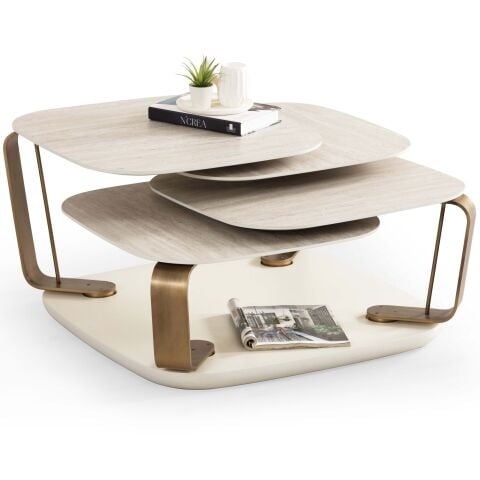 Bentley Vol3 Traverten Görünümlü Ahşap Metal Döner Mekanizmalı Dört Tablalı Akıllı Orta Sehpa 91/140cm