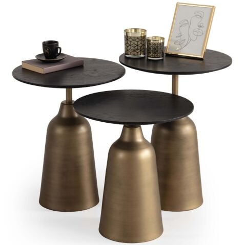Loft Üçlü Siyah Renk Ahşap Kaplama Üst Tabla Pirinç Metal Renk Ayak Zigon Sehpa Seti 43x43cm