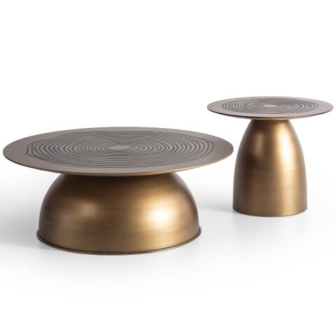 Dome İkili Pirinç Rengi Ahşap Orta & Yan Sehpa Seti 85x85cm