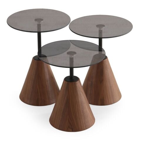 Petra Üçlü Cam Ust Tablali Metal Tabanli Ceviz Zigon Sehpa Seti 43x43cm