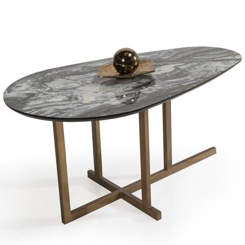 Damla Parlak Mermer Desenli Dekoratif UV Laklı Panel Eskitme Altın Metal Ayaklı Orta Sehpa 99x56cm