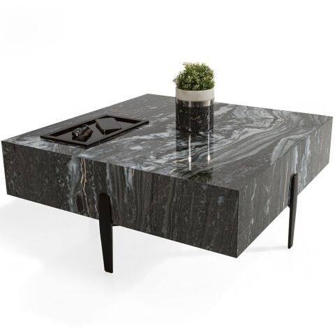 Hera Parlak Mermer Görünümlü Laklı Panel Siyah Metal Ayaklı Orta Sehpa 90x90cm