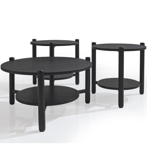 Monaco Üçlü Siyah Renk Ahşap Kaplama Orta + Yanx2 Adet Sehpa Seti 80x80cm