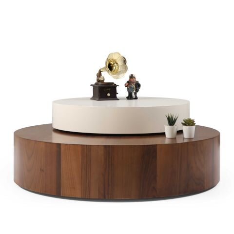 Oreo Ahşap Ceviz Ekru Orta Sehpa 100x100cm - Hareketli Üst Tabla