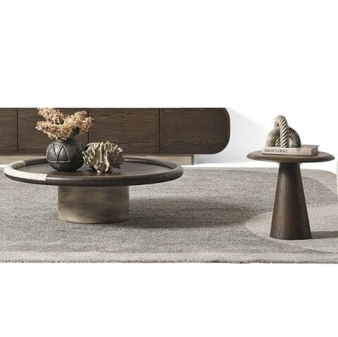 Mira Ikili Ahsap Yuvarlak Traverten Orta + Yan Sehpa Seti Ç112/Ç50cm