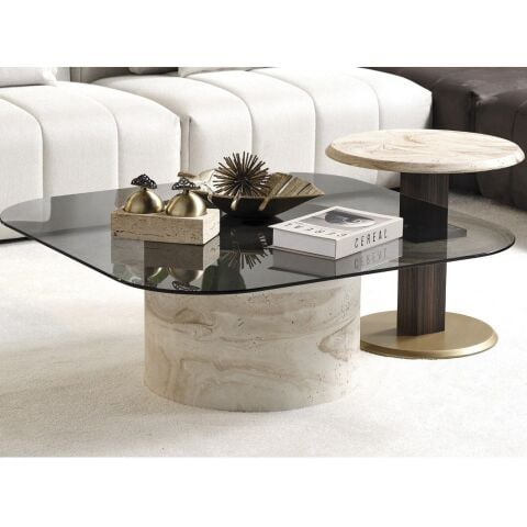 Aqua İkili Kare Cam Traverten Orta + Yan Sehpa Seti 100x100cm