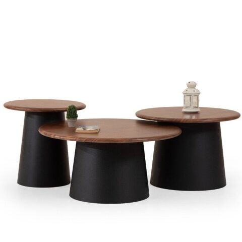 Tola Üçlü Ahşap Doğal Ceviz Siyah Orta + Yan x 2 Adet Orta Sehpa Seti