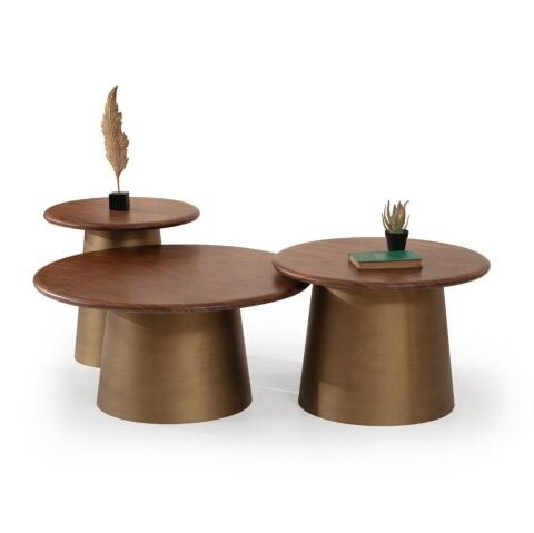 Tola Üçlü Ahşap Doğal Ceviz Kaplama Üst Tabla Pirinç Renk Metal Ayak Orta + Yan x 2 Adet Orta Sehpa Seti