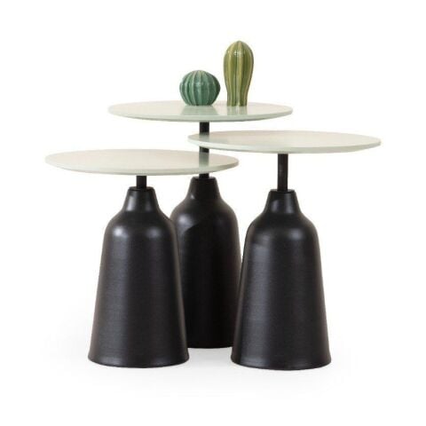 Minty Üçlü Boyali MDF Ust Tablali Metal Tabanli Ceviz Zigon Sehpa Seti 43x43cm