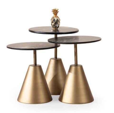 Dark Üçlü Yuvarlak Siyah Mermer Pirinç Metal Ayak Zigon Sehpa Seti Ç43cm