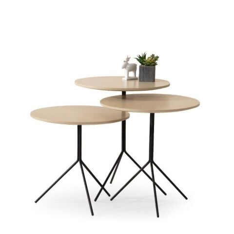 Milky Üçlü Boyalı MDF Üst Tablalalı Siyah Metal Ayaklı Zigon Sehpa Seti 43x43cm