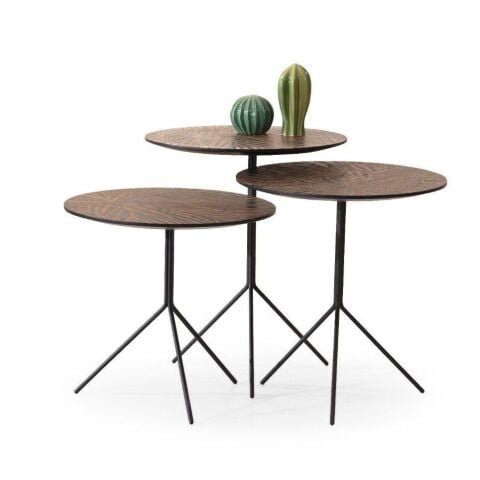 Loop Üçlü Boyalı MDF Üst Tablalalı Desenli Siyah Metal Ayaklı Zigon Sehpa Seti 43x43cm