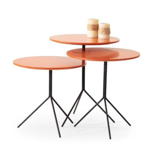 Orange Üçlü Turuncu Boyalı MDF Üst Tablalı Metal Ayaklı Zigon Sehpa Seti